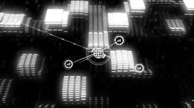 Siyah arkaplanda veri işleme üzerine simgelerle bağlantı ağının animasyonu. Küresel teknoloji, hesaplama, bağlantılar ve dijital arayüz konsepti dijital olarak oluşturulmuş video.