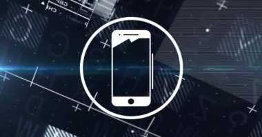 Siyah arkaplanda veri işleme üzerine akıllı telefon simgesi animasyonu. Küresel teknoloji, hesaplama, bağlantılar ve dijital arayüz konsepti dijital olarak oluşturulmuş video.