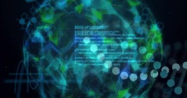 Dünya üzerinde bilimsel veri işleme animasyonu ve karanlık arka planda DNA ipliği. Küresel bilim, bağlantılar, hesaplama ve veri işleme kavramı dijital olarak oluşturulmuş video.