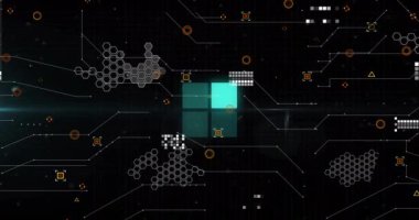 Geometrik şekiller ve ağ bağlantılarıyla dijital veri işleme animasyonu. Teknoloji