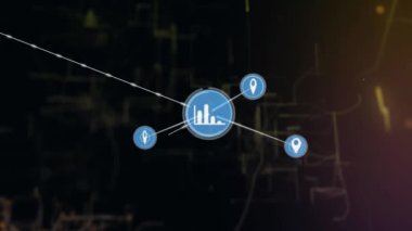 Karanlık arkaplan üzerinde grafik simgeleriyle bağlantı ağının animasyonu. Dijital olarak oluşturulmuş küresel bağlantılar, hesaplama ve veri işleme kavramı.