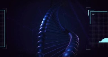 Siyah arka planda dijital biyometrik fotoğraf ve DNA ipliği animasyonu. Küresel bilim, araştırma, bağlantılar, hesaplama ve veri işleme kavramı dijital olarak oluşturulmuş video.