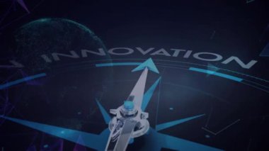 Yenilikçi metin ve kürelerle pusula animasyonu. Küresel iş, bağlantılar, hesaplama ve veri işleme kavramı dijital olarak oluşturulmuş video.