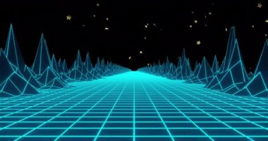 Neon çizgileri kareler oluşturuyor ve yıldızlar animasyon halinde düşüyor. Fütürist, dijital, gece, retro