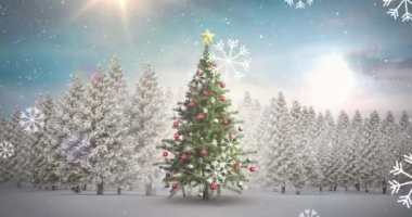 Kış manzarası arka planında, Noel kadınının üzerine düşen kar animasyonu. Noel, şenlik, kutlama ve gelenek konsepti dijital olarak oluşturuldu.