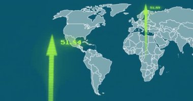 Dünya haritası üzerinde ok ve veri işleme animasyonları. Teknoloji ve dijital arayüz kavramı dijital olarak oluşturuldu.