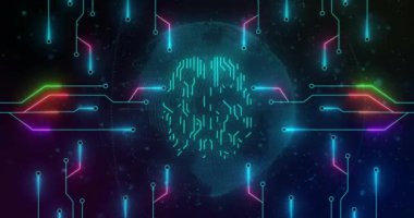 Biyometrik beynin animasyonu, devre kartından dijital veri işleme. Küresel yapay zeka, siber güvenlik, bağlantılar, hesaplama ve veri işleme kavramı dijital olarak oluşturulmuş video.