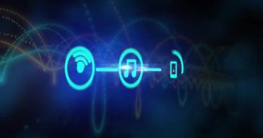 Wi-Fi, müzik ve akıllı telefon ikonları mavi arkaplanda ağ animasyonunda. Kablosuz, bağlantı, dijital, teknoloji, iletişim, internet