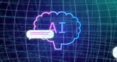 Beynin içinde dijital şebeke üzerinde yapay zeka metni, animasyon arka plan. Yapay zeka, teknoloji, makine öğrenimi, fütüristik, yenilik, veri