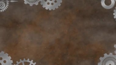 Kahverengi arka planda duman üzerindeki dişlilerin animasyonu. Şekiller, renkler ve arka plan konsepti dijital olarak oluşturulmuş video.