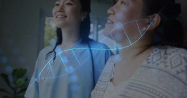 Muhtelif doktor ve hastalar üzerinde DNA ipliği ve tıbbi veri işleme animasyonu. Küresel tıp, bağlantılar, hesaplama ve veri işleme kavramı dijital olarak oluşturulmuş video.