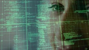 Göz testi sırasında çift ırklı kadın üzerinden bağlantı ve veri işleme ağının animasyonu. Tıp, teknoloji ve dijital arayüz kavramı dijital olarak oluşturulmuş video.