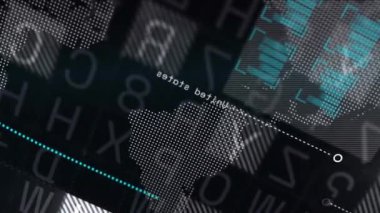 Dünya haritası üzerinde dijital veri işleme animasyonu. Dijital olarak oluşturulmuş küresel bağlantılar, hesaplama ve veri işleme kavramı.