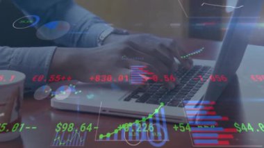 Ofisteki dizüstü bilgisayarla Kafkas iş adamının finansal veri işleme animasyonu. Küresel finans, iş, bağlantılar, hesaplama ve veri işleme kavramı dijital olarak oluşturulmuş video.