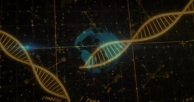 Dünya üzerinde bilimsel veri işleme animasyonu ve karanlık arka planda DNA iplikçikleri. Küresel bilim, bağlantılar, hesaplama ve veri işleme kavramı dijital olarak oluşturulmuş video.