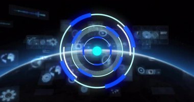 Siyah arkaplanda tarama kapsamı üzerinde dijital veri işleme animasyonu. Dijital olarak oluşturulmuş küresel bağlantılar, hesaplama ve veri işleme kavramı.