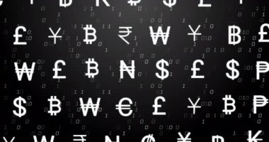 İkili kodlama üzerine para birimi simgelerinin finansal veri işleme animasyonu. Küresel finans, iş, bağlantılar, hesaplama ve veri işleme kavramı dijital olarak oluşturulmuş video.