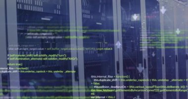 Sunucu odasındaki veri işleme ve bağlantı ağının animasyonu. Küresel teknoloji, hesaplama, bağlantılar ve dijital arayüz konsepti dijital olarak oluşturulmuş video.