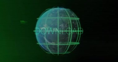 Dünya üzerinde veri işleme animasyonu ve metin indirme. Bilim, teknoloji ve dijital arayüz kavramı dijital olarak oluşturulmuş video.