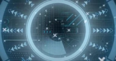 Siyah arkaplanda veri işleme üzerinde tarama kapsamı animasyonu. Küresel teknoloji, iletişim, bilgisayar ve dijital arayüz kavramı dijital olarak oluşturulmuş video.