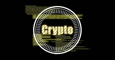 Kripto para birimi ve engelleme teknolojisinin altını çizmek, dijital kod arka planına sahip şifreli metin. finans, sanal, veri