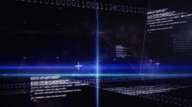 Siyah arkaplanda ikili kodlama ve dijital veri işleme animasyonu. Dijital olarak oluşturulmuş küresel bağlantılar, hesaplama ve veri işleme kavramı.