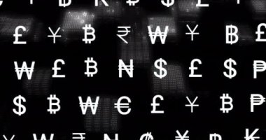 İkili kodlama üzerine para birimi simgelerinin finansal veri işleme animasyonu. Küresel finans, iş, bağlantılar, hesaplama ve veri işleme kavramı dijital olarak oluşturulmuş video.