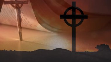 Hristiyanlığın animasyonu, bulutların arka planında yer alan manzaranın üzerinden geçer. Paskalya, gelenek, din ve inanç konsepti dijital olarak oluşturulmuş video.