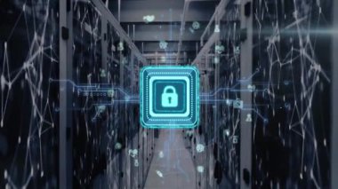 Siyah arkaplanda simgeler ve asma kilit simgesiyle bağlantı ağının canlandırılması. Küresel teknoloji, hesaplama, bağlantılar ve dijital arayüz konsepti dijital olarak oluşturulmuş video.
