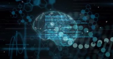 Veri işleme ve beyin üzerindeki DNA diziliminin animasyonu. Sosyal medya, teknoloji ve dijital arayüz kavramı dijital olarak oluşturulmuş video.