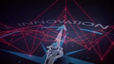 Siyah arkaplandaki metinlerle pusula üzerinden bağlantı ağının animasyonu. Yönler, bağlantılar ve dijital arayüz konsepti dijital olarak oluşturulmuş video.