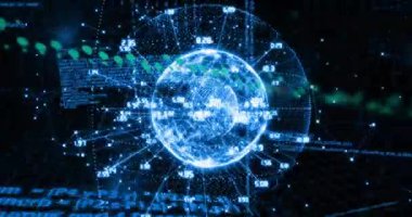 Bilimsel veri işleme sisteminin dünya üzerindeki bağlantılar ağıyla animasyonu. Küresel bilim, bağlantılar, hesaplama ve veri işleme kavramı dijital olarak oluşturulmuş video.