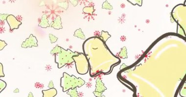 Beyaz arka planda kar taneleri üzerinde çanların ve Noel ağaçlarının animasyonu. Noel, gelenek ve kutlama konsepti dijital olarak oluşturuldu.