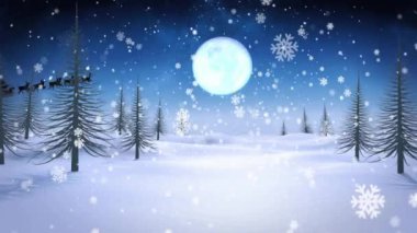 Kar yağışının animasyonu ve Noel Baba 'nın Noel' de Noel Baba 'nın ren geyikleriyle birlikte kızakta olması. Noel, gelenek ve kutlama konsepti dijital olarak oluşturuldu.