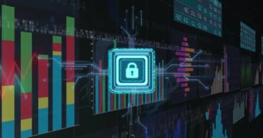 Sanal güvenliği vurgulayarak animasyonu finansal veri tabloları ve grafikler üzerine kilitle. şifreleme, veri koruması, finans, teknoloji, koruma kavramı