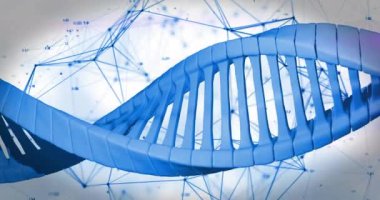 DNA ipliği bilimsel verileri işliyor, animasyondaki ağ bağlantıları. Biyoteknoloji, genetik, araştırma, yenilik, veri analizi, teknoloji