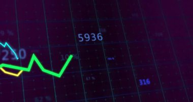 Şebeke arka planında dalgalanan yeşil çizgi animasyonu olan finansal veri tablosu. Maliye, analiz, büyüme, yatırım, borsa, eğilim