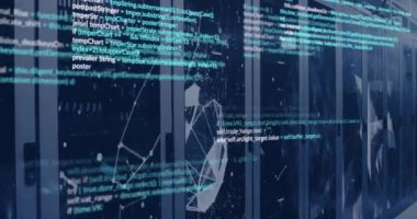 Sunucu odasında veri işleme animasyonu. Küresel teknoloji, bağlantılar, hesaplama ve dijital arayüz kavramı dijital olarak oluşturulmuş video.