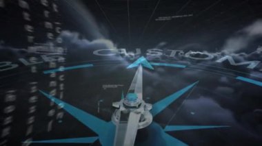 Veri işleme üzerinde metin olan pusula animasyonu ve siyah arkaplan üzerinde bulutlar. Küresel teknoloji, iş ve dijital arayüz kavramı dijital olarak oluşturulmuş video.