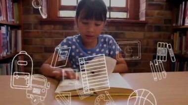 Okul eşyalarının animasyonu kütüphanede kitap okuyan melez liseli kız yüzünden. Küresel eğitim, öğrenim ve okul kavramı dijital olarak oluşturulmuş video.