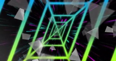 Renkli çizgileri ve yüzen üçgenleri olan neon geometrik tünel animasyonu. Soyut, fütüristik, dijital, canlı