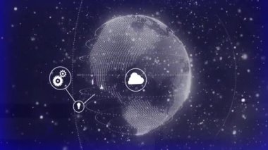 Dünya üzerindeki simgelerle bağlantı ağının animasyonu. Dijital olarak oluşturulmuş küresel bağlantılar, hesaplama ve veri işleme kavramı.