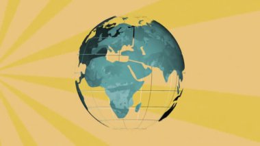 Sarı arka planda çizgilerin üzerindeki dünya animasyonu. Küresel iletişim, hesaplama, bağlantılar ve dijital arayüz konsepti dijital olarak oluşturulmuş video.