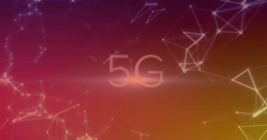 Kırmızı arkaplanda 5 g 'lik bir animasyon. Dijital olarak oluşturulmuş küresel bağlantılar, bilgisayar ve dijital arayüz kavramı.