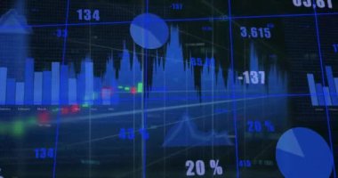 Değişen grafikler ve grafikler üzerinde finansal veriler ve borsa analizleri canlandırılıyor. Maliye, veri analizi, yatırım, ticaret, ekonomi, istatistik kavramı