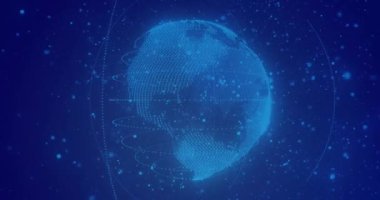 Mavi arkaplandaki ışık noktalarının üzerindeki dünyanın animasyonu. Dijital olarak oluşturulmuş küresel bağlantılar, bilgisayar ve dijital arayüz kavramı.