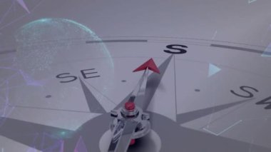 Seyahat metni ve dijital veri işlemesi olan pusula animasyonu. Dijital olarak oluşturulmuş küresel bağlantılar, hesaplama ve veri işleme kavramı.