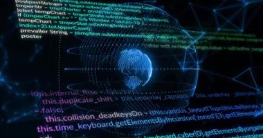 Koyu arkaplanda dijital dünya üzerinde programlanan kod animasyonu. Teknoloji, veri, animasyon, siber güvenlik, küresel, gelecekçi