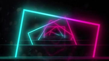 Siyah arkaplanda hareket eden parlak neon desenli animasyon. Renk, şekil, ışık ve hareket konsepti dijital olarak oluşturulmuş video.