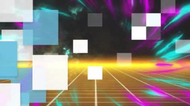 Renkli şekillerin ve siyah arkaplandaki çizgilerin animasyonu. Şekiller, arkaplan ve dijital arayüz konsepti dijital olarak oluşturulmuş video.